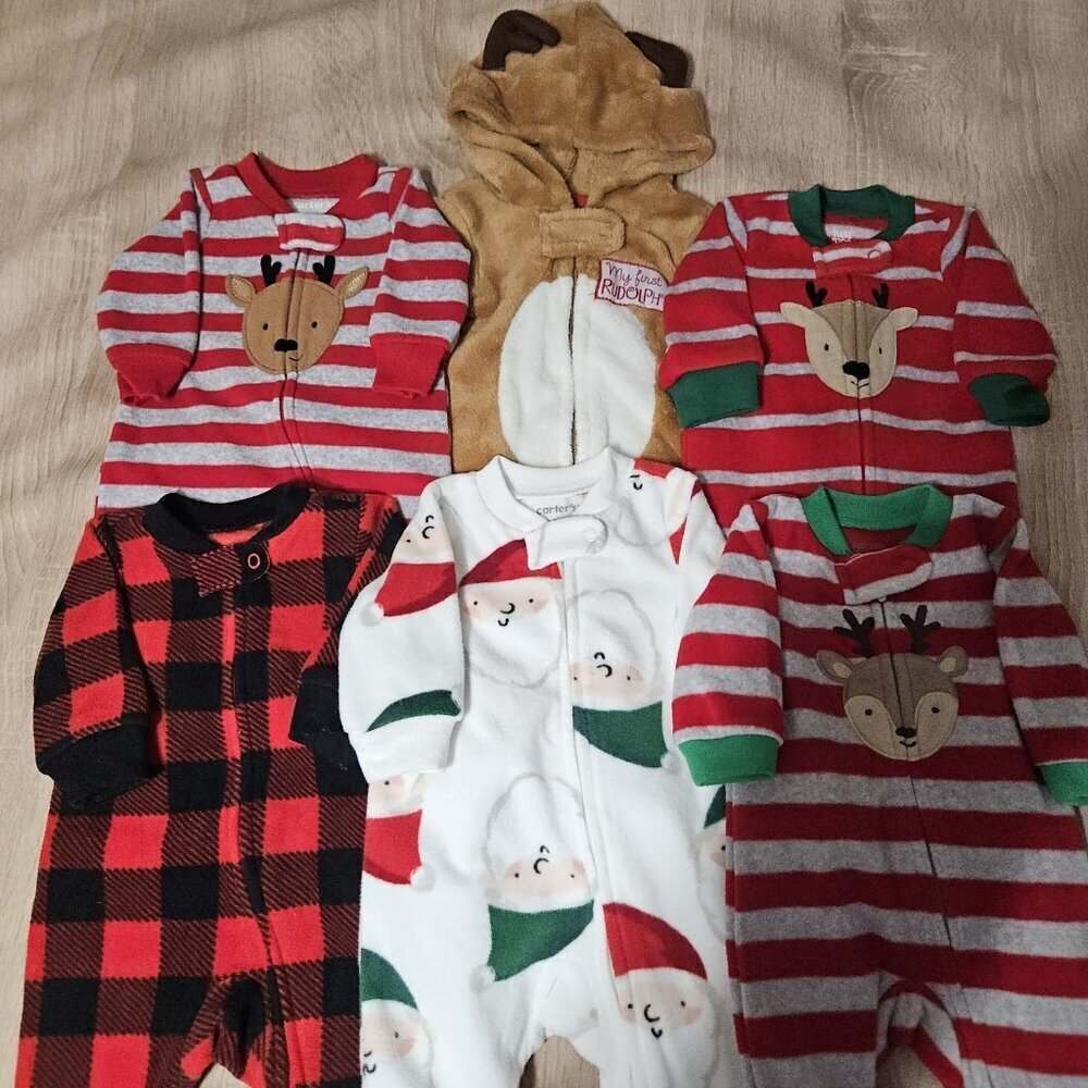 Lot Of 6 Carters Rudolph Fleece Footed Pjs Pajamas Sizes Newborn Boys Cozy Deer